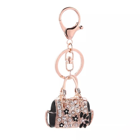 Accessories - Crystal Black and Gold Handbag on a Gold Keychain